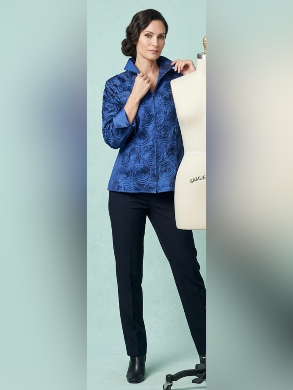 Samuel Dong Blue Color Changing Textured Rosette Appliqué Zip Floral Blazer, XL